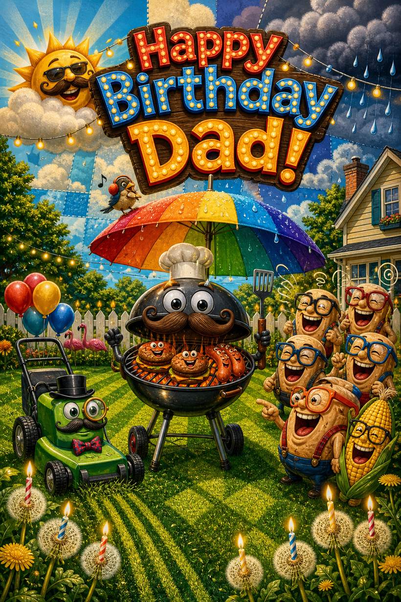 Sample AI card: a smiling charcoal grill with a mustache and chef hat flipping burgers at a backyard party, with laughing cartoon potatoes, balloons and lawn stripes, under the words Happy Birthday Dad