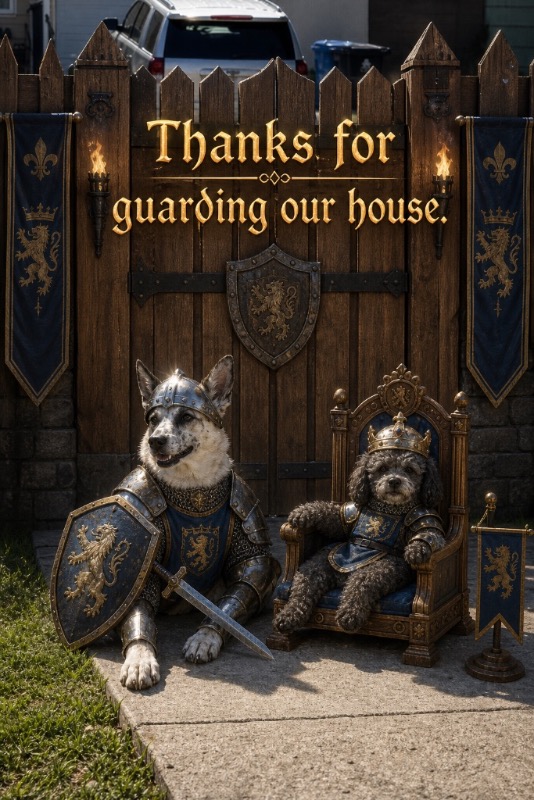 AI greeting card - playful dogs party scene