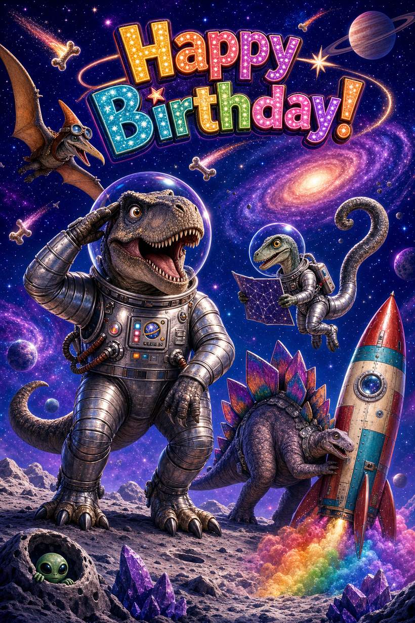 Sample AI kids card: a T. rex in a silver astronaut suit saluting on a purple moon, a raptor reading a star map and a stegosaurus beside a rocket with rainbow exhaust, under the words Happy Birthday