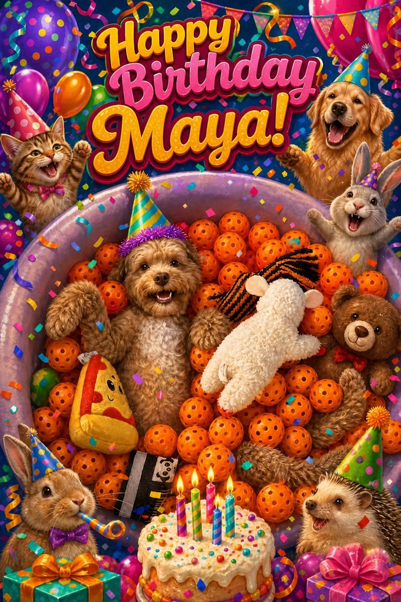 Sample AI card: a fluffy brown doodle dog in a party hat lounging in a pit of orange pickleballs, surrounded by a cheering cat, golden retriever, rabbits and a hedgehog in party hats, with a candlelit cake, presents and confetti, under the words Happy Birthday Maya