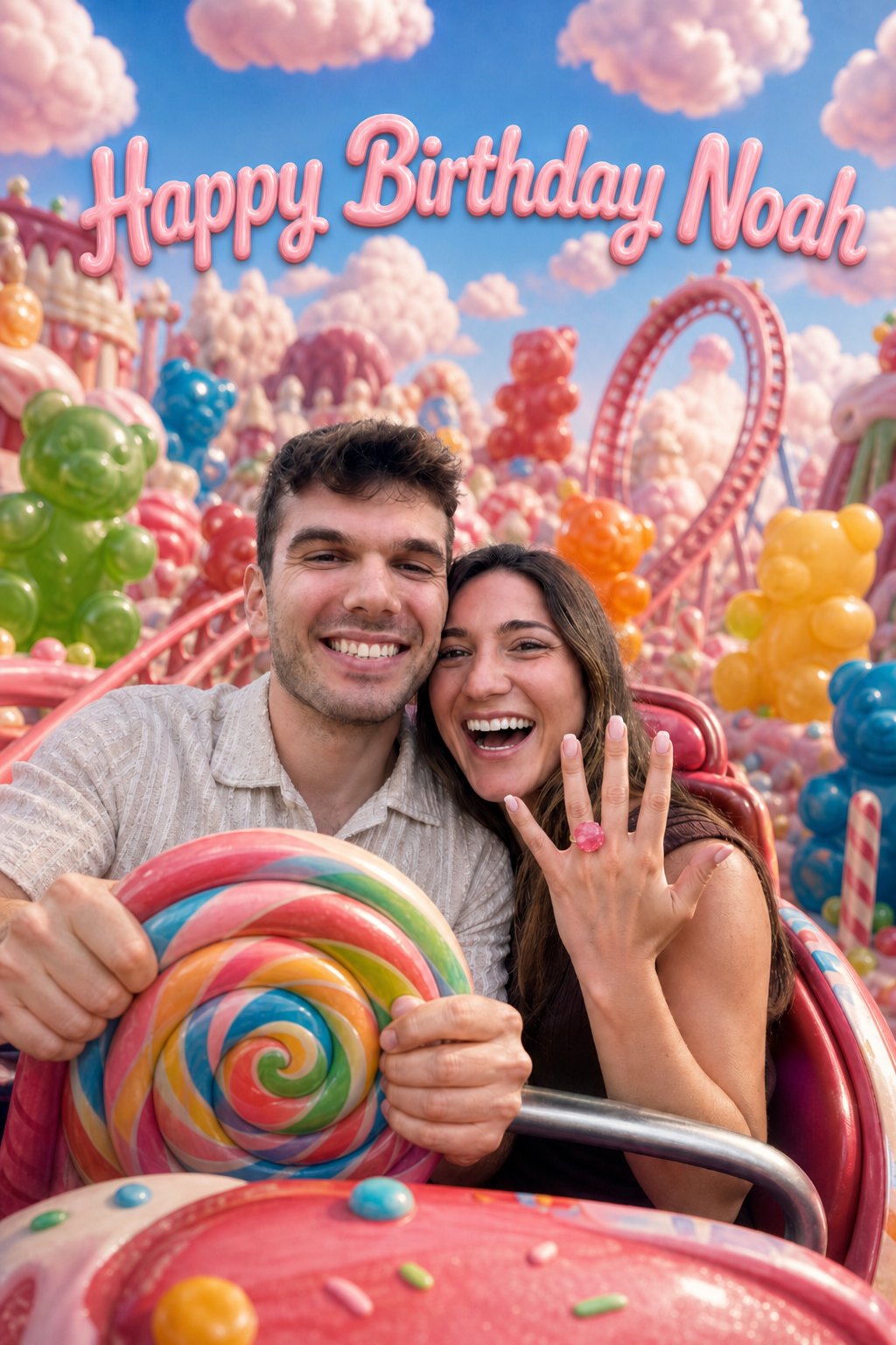 AI greeting card made from a photo, a real couple in a candyland scene wishing Happy Birthday Noah