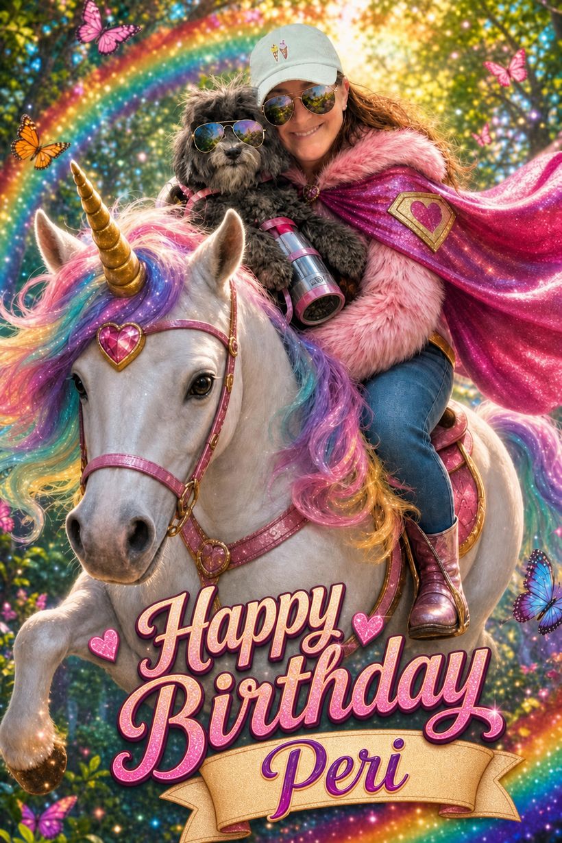 Sample AI card: a smiling woman in a sparkly pink cape and sunglasses riding a rainbow-maned unicorn through an enchanted forest, holding a small black dog in sunglasses, with butterflies and a rainbow, under the words Happy Birthday Peri